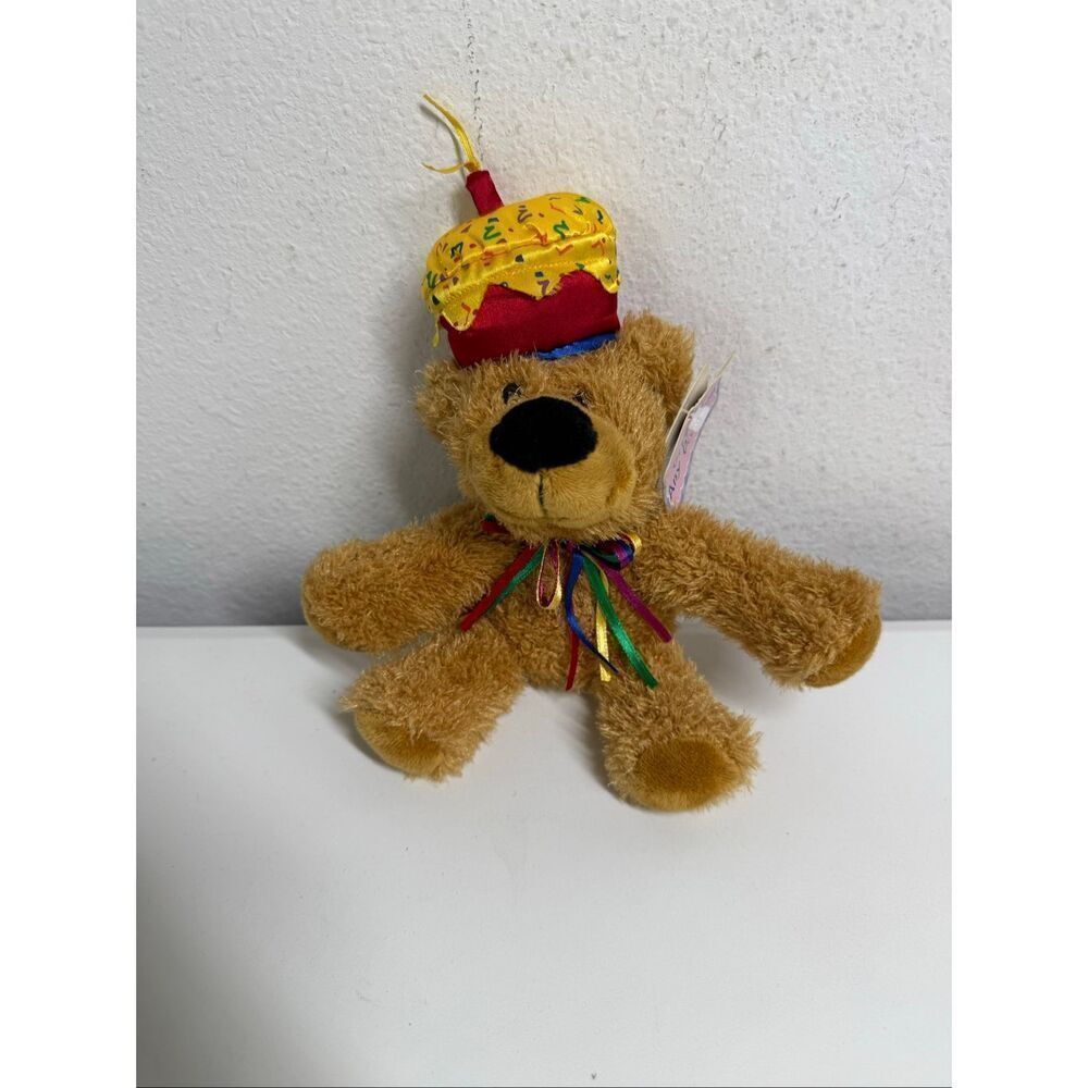 NWT Dan Dee Bear Plush Confetti Birthday Cake Hat 8" Tall Tan Beanie